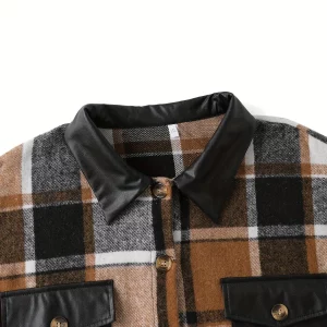 Plus Size Women's Plaid Lapel Casual Coat with Splicing Detail