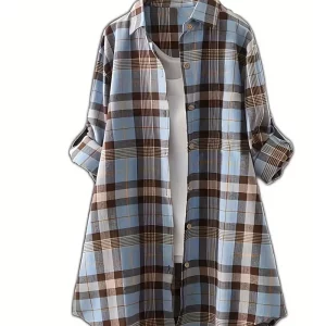 Plus Size Women's Plaid Print Button-Up Long Sleeve Loose Coat