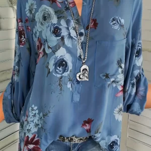 Plus Size Women's Printed V-Neck Long Sleeve Blouse