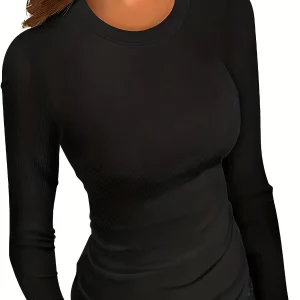 Plus Size Women's Ribbed Long Sleeve Crew Neck Slim T-shirt