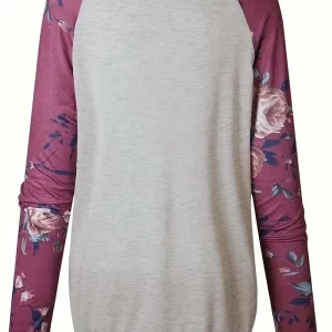 Plus Size Women's Rose Print Long Sleeve Casual Tee