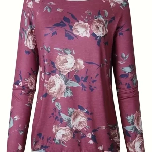 Plus Size Women's Rose Print Long Sleeve Casual Tee