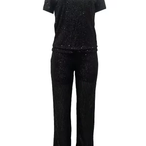 Plus Size Women's Sequin Waist Pants Set with Short Sleeve Top - Summer Casual Two-Piece Outfit