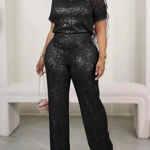 Plus Size Women's Sequin Waist Pants Set with Short Sleeve Top - Summer Casual Two-Piece Outfit