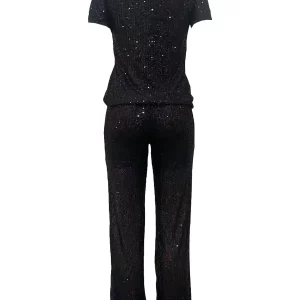 Plus Size Women's Sequin Waist Pants Set with Short Sleeve Top - Summer Casual Two-Piece Outfit