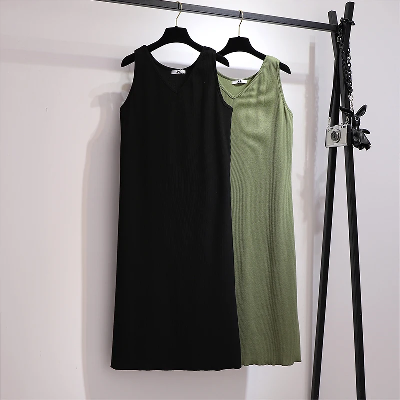 Plus-Size Women's Sleeveless Summer Dress in Black/Green Stripes