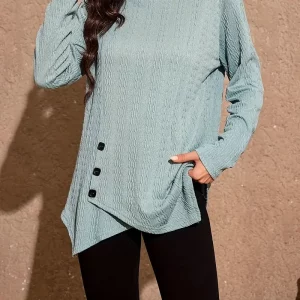 Plus Size Women's Solid Cable Long Sleeve T-shirt