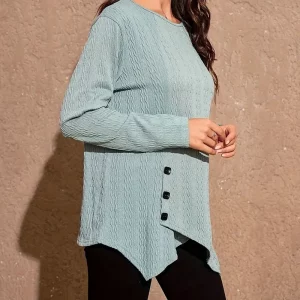 Plus Size Women's Solid Cable Long Sleeve T-shirt