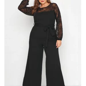 Plus Size Women's Sports Jumpsuit with Mesh Sleeves & Belt