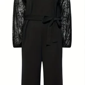 Plus Size Women's Sports Jumpsuit with Mesh Sleeves & Belt