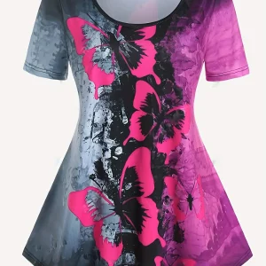 Plus Size Women's Spring/Autumn Color Block Butterfly T-Shirt & Shorts Set