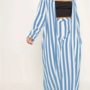 Plus Size Women's Stripe Print Cardigan & Wide Leg Pants Set