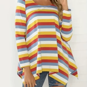 Plus Size Women's Striped Print Long Sleeve Crew Neck T-shirt