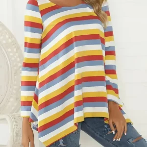 Plus Size Women's Striped Print Long Sleeve Crew Neck T-shirt