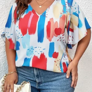 Plus Size Women's Summer Print V-Neck T-Shirt