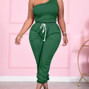 Plus Size Women's Summer Tracksuit: One Shoulder Top with Drawstring Pants