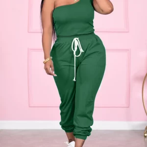 Plus Size Women's Summer Tracksuit: One Shoulder Top with Drawstring Pants