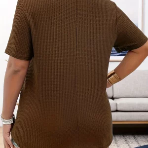 Plus Size Women's V-neck Knitted T-shirt, Casual Plaid Design