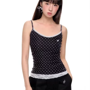 Polka Dot Lace Tank Top | Coquette Sweet Girl Crop Halter | Korean Fashion Corset | Y2k Cam