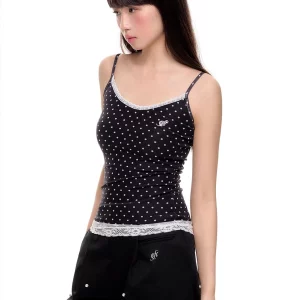 Polka Dot Lace Tank Top | Coquette Sweet Girl Crop Halter | Korean Fashion Corset | Y2k Cam