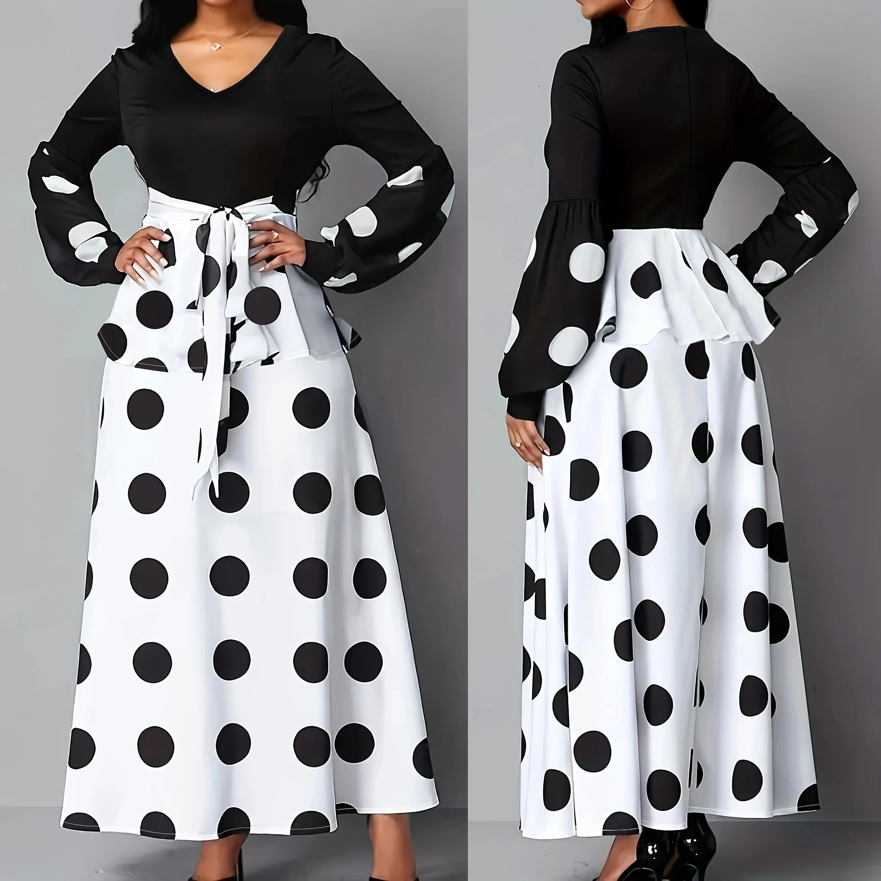 Polka Dot Print Maxi Dress with Ruffle Trim - Plus Size