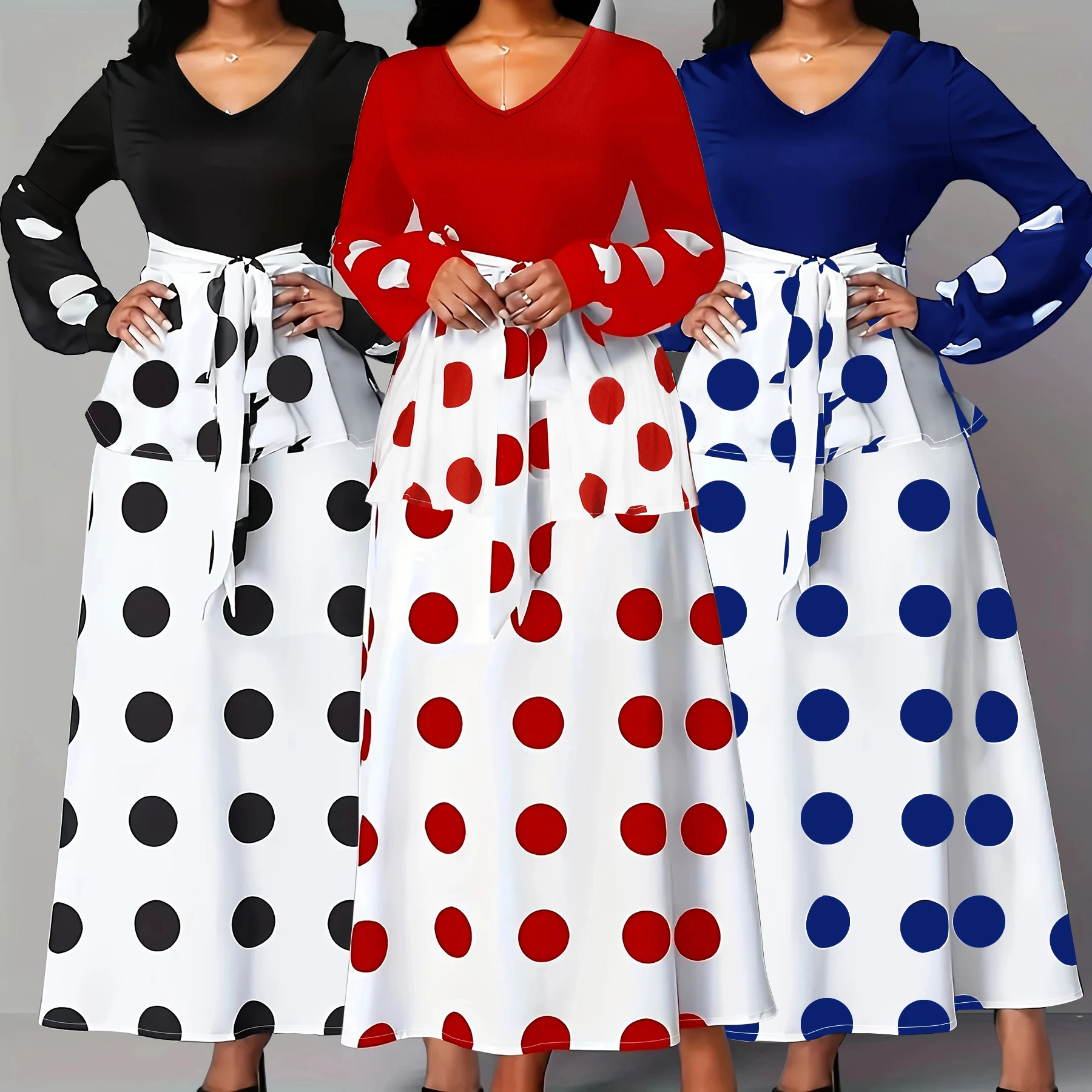 Polka Dot Print Maxi Dress with Ruffle Trim - Plus Size