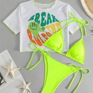 Print Mesh Bikini Set with Crop Top - Women's Sexy 3-Piece Swimsuit for Beach 2024