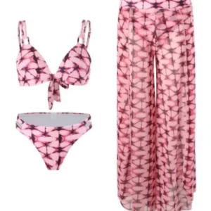 Print Mesh High Split Bikini Set with Wide Leg Pants - 3 Piece Swimsuit for Women - 2024 Summer