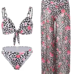 Print Mesh High Split Bikini Set with Wide Leg Pants - 3 Piece Swimsuit for Women - 2024 Summer