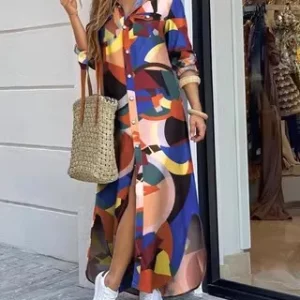 Printed Button-Up Shirt Dress for Women - Casual Long Sleeve Fashion