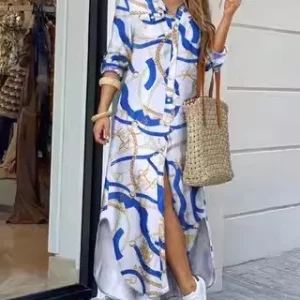 Printed Button-Up Shirt Dress for Women - Casual Long Sleeve Fashion