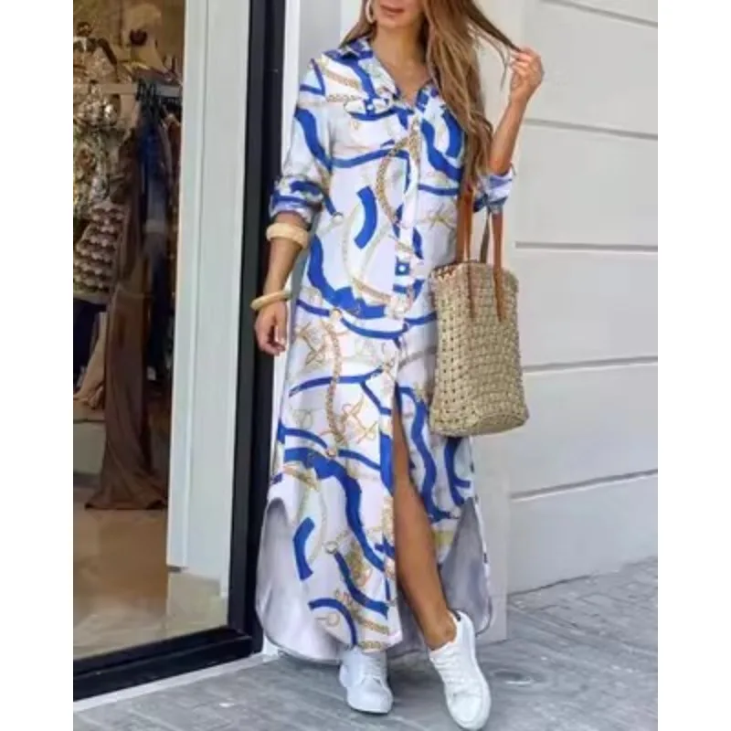 Printed Button-Up Shirt Dress for Women - Casual Long Sleeve Fashion