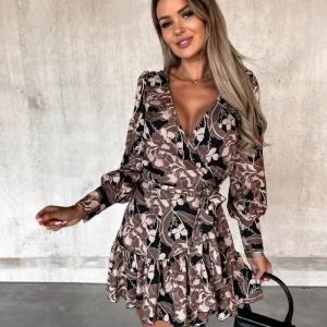 Printed V-Neck Long Sleeve Shirt Dress for Women, Slim Fit Casual Vacation Wear