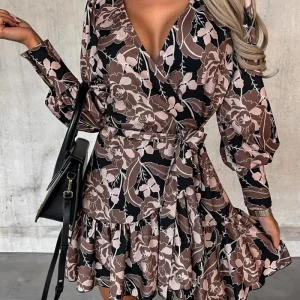 Printed V-Neck Long Sleeve Shirt Dress for Women, Slim Fit Casual Vacation Wear