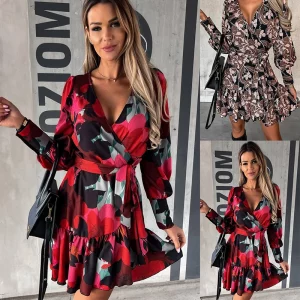 Printed V-Neck Long Sleeve Shirt Dress for Women, Slim Fit Casual Vacation Wear