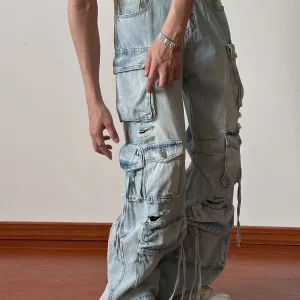 Punk Style Men's Multi-pocket Straight Jeans Washed Mid-waist Loose Fit