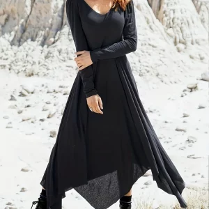 Pure Black V-neck Plus Size Women's Irregular Hem Long Sleeve Dress