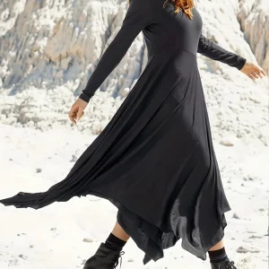 Pure Black V-neck Plus Size Women's Irregular Hem Long Sleeve Dress