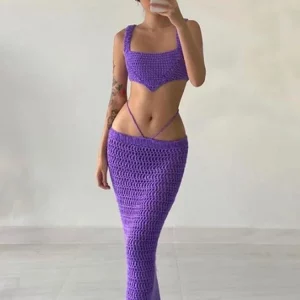 Purple Knitted 2-Piece Summer Outfit for Women - Sexy Crochet Beach Set with Hollow Out Long Skirt &