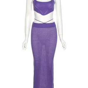 Purple Knitted 2-Piece Summer Outfit for Women - Sexy Crochet Beach Set with Hollow Out Long Skirt &