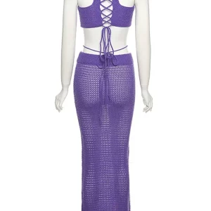 Purple Knitted 2-Piece Summer Outfit for Women - Sexy Crochet Beach Set with Hollow Out Long Skirt &