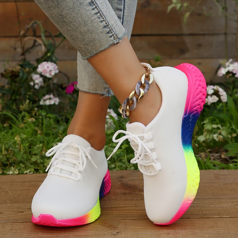 Rainbow Sports Shoes for Women: Lightweight Comfort, Thick Sole, Lace-Up Running & Casual Wear