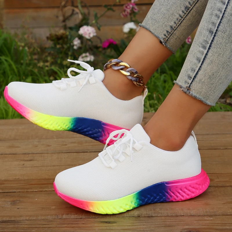 Rainbow Sports Shoes for Women: Lightweight Comfort, Thick Sole, Lace-Up Running & Casual Wear