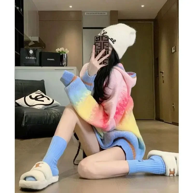 Rainbow Stripe Knitted Hooded Sweater - Women's Gradient Oversized Top