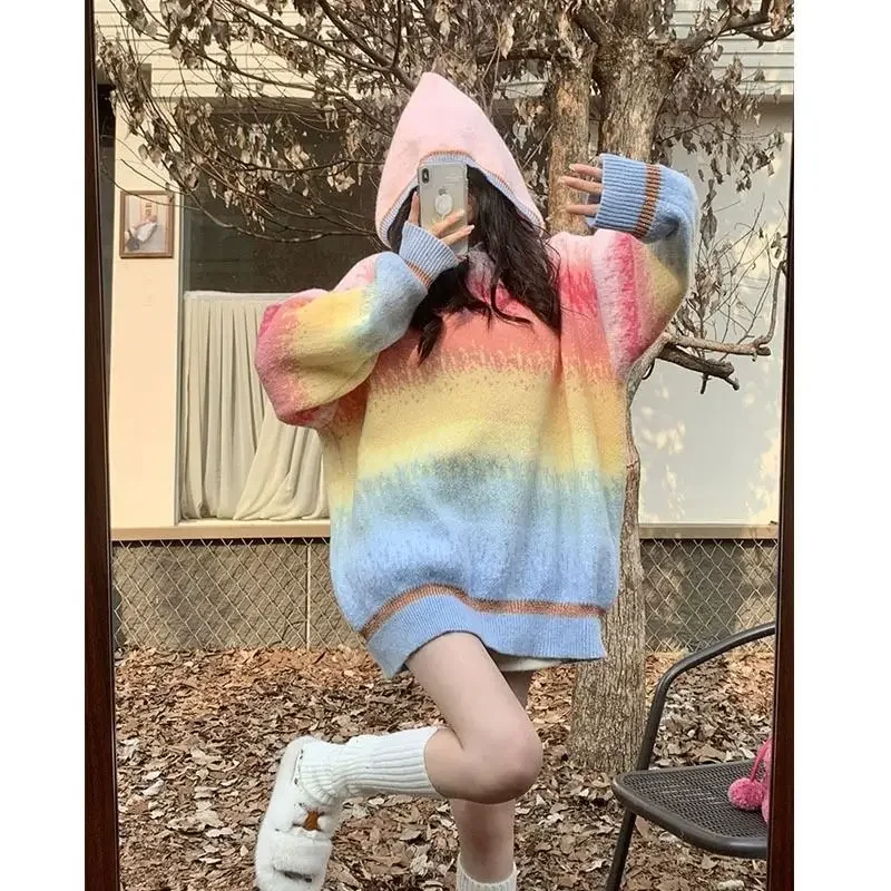 Rainbow Stripe Knitted Hooded Sweater - Women's Gradient Oversized Top