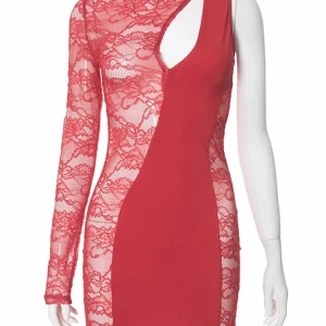 Red Lace Hollow Out Bodycon Mini Dress One Shoulder Elegant Evening Clubwear