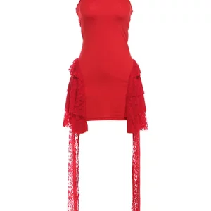 Red Ruffles Halter Mini Dress - Backless Ribbon Robe