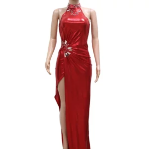 Red Shimmer Velvet Rhinestones Maxi Dress with High Slit