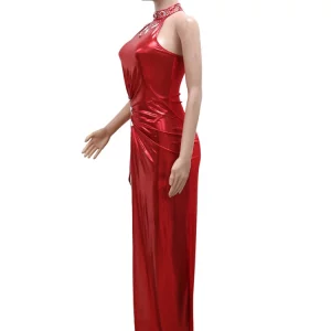 Red Shimmer Velvet Rhinestones Maxi Dress with High Slit