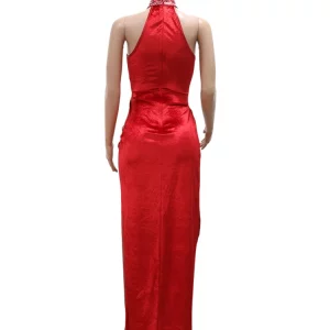 Red Shimmer Velvet Rhinestones Maxi Dress with High Slit